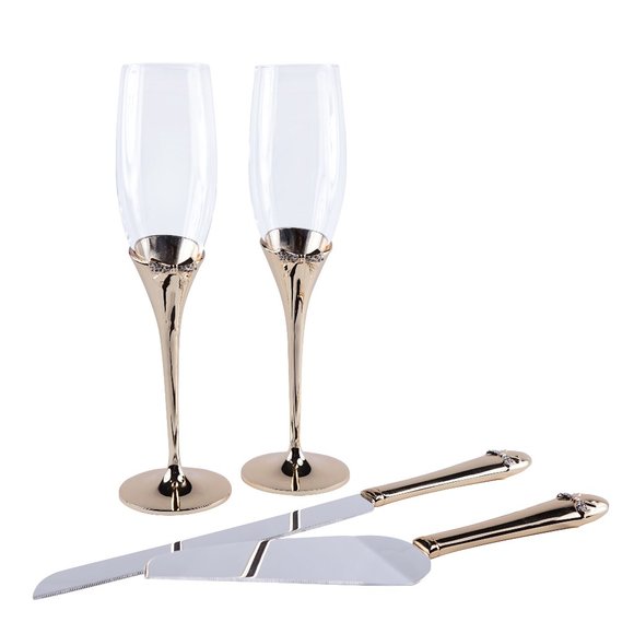 Bow-Tiful Collection Toasting Flutes & Cake Serving Set in Gold - Picture 1 of 5